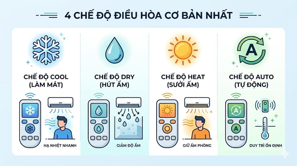 Tổng Hợp Các Chế Độ Điều Hòa Chi Tiết Từ A-Z & Cách Dùng Tiết Kiệm Điện