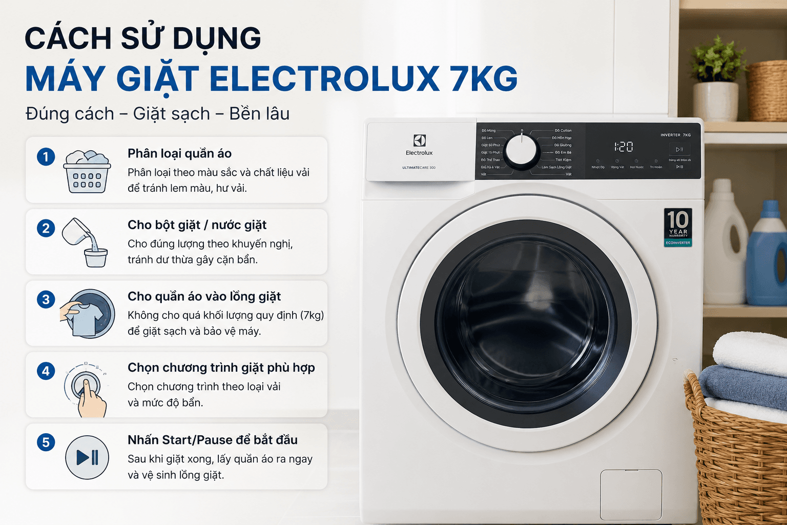 Cách Sử Dụng Máy Giặt Electrolux 7Kg Đơn Giản, Nhanh Chóng