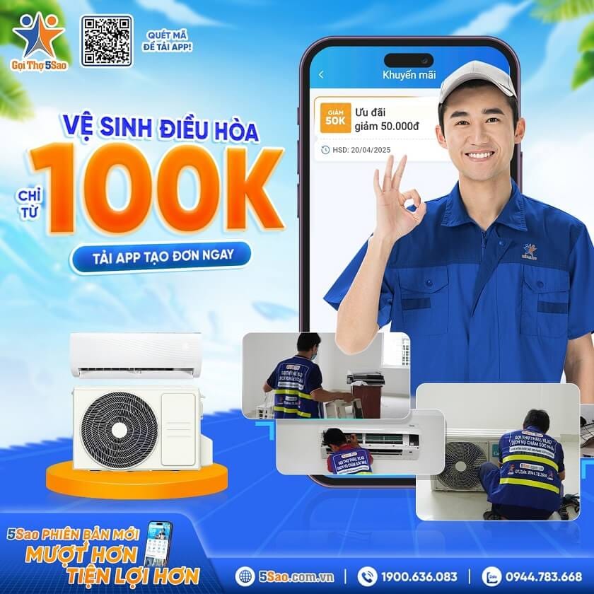 Vệ sinh máy lạnh nhanh chóng trên App 5Sao.