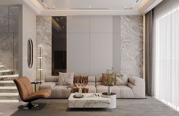 Mẫu phòng khách hiện đại sang trọng với thiết kế tối giản, phù hợp nhà phố và căn hộ