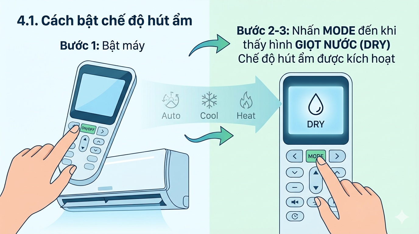  Cách bật chế độ hút ẩm điều hòa