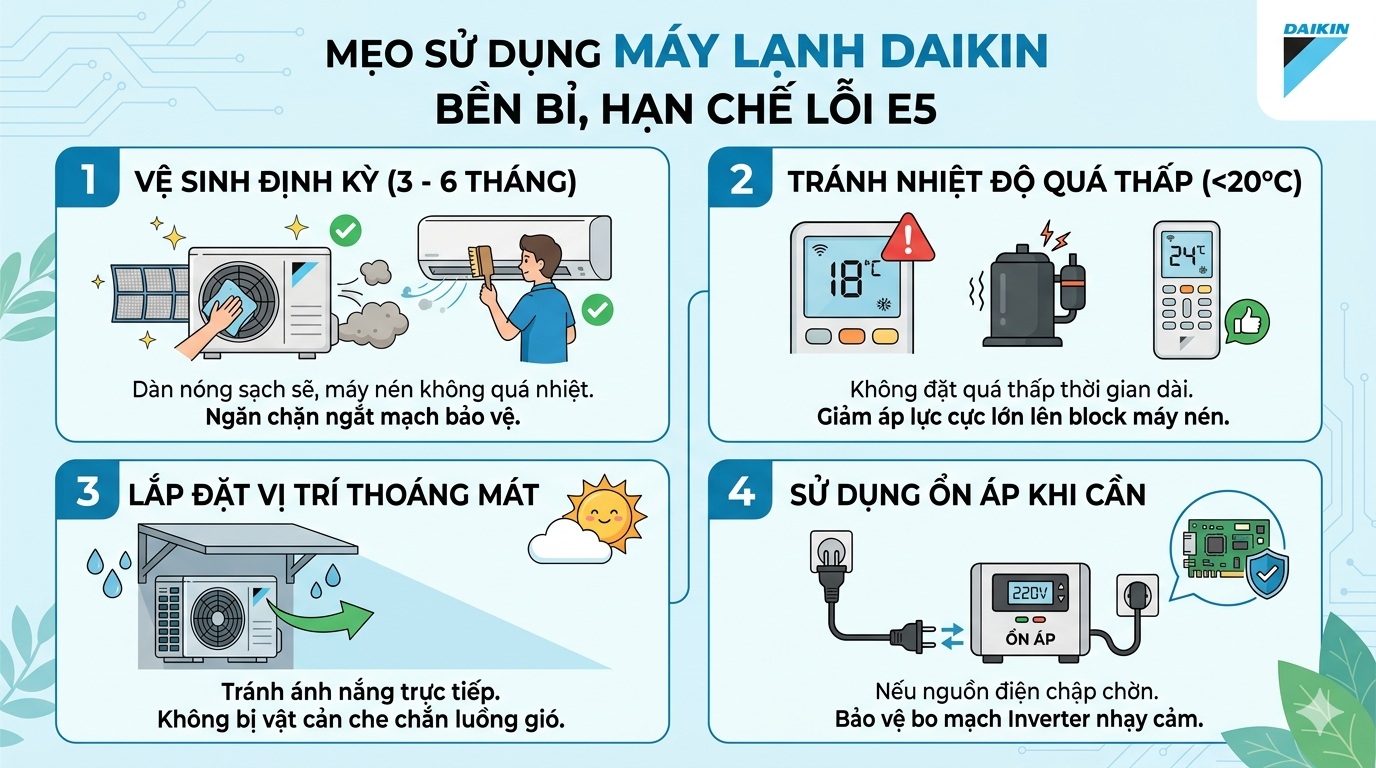 Mẹo sử dụng máy lạnh Daikin bền bỉ, hạn chế lỗi E5