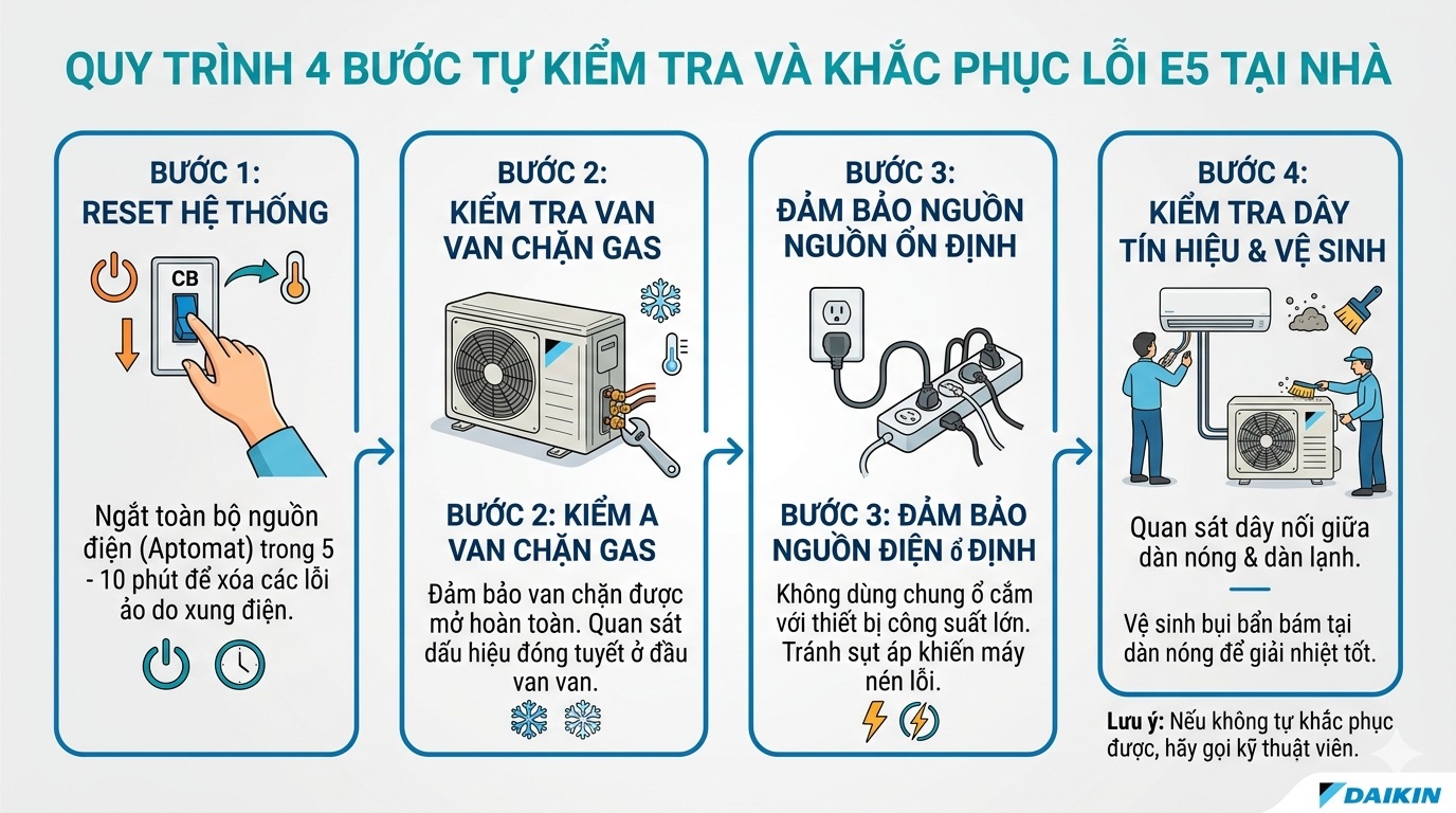 Quy trình 4 bước tự kiểm tra và khắc phục lỗi e5 máy lạnh daikin