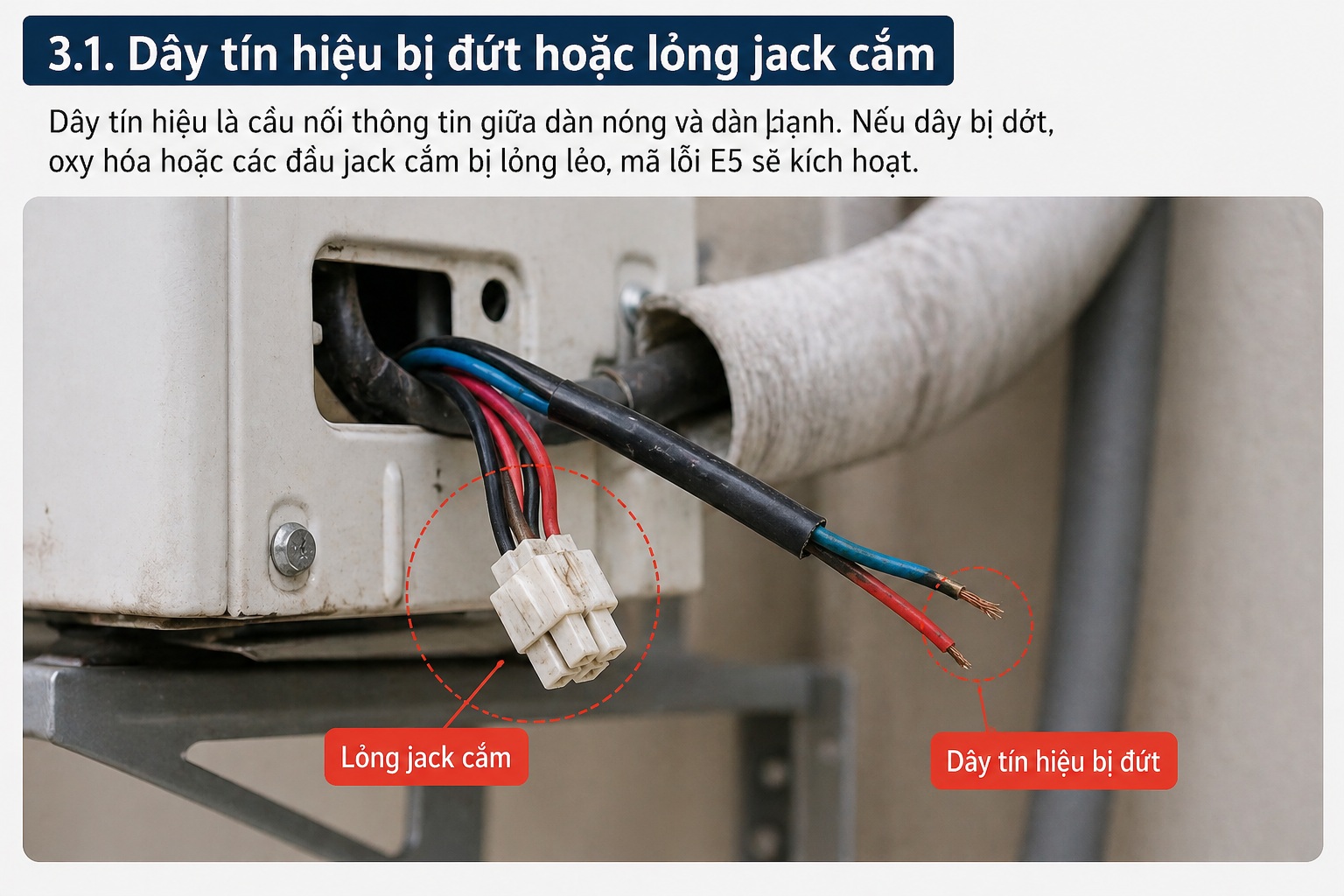 Dây tín hiệu bị đứt hoặc lỏng jack cắm khiến máy lạnh Casper báo lỗi E5