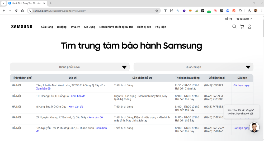 trung tâm bảo hành Samsung