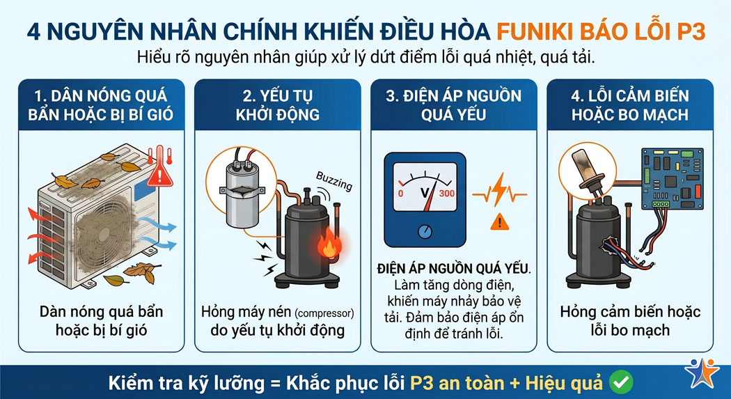 4 Nguyên nhân chính khiến điều hòa Funiki báo lỗi P3