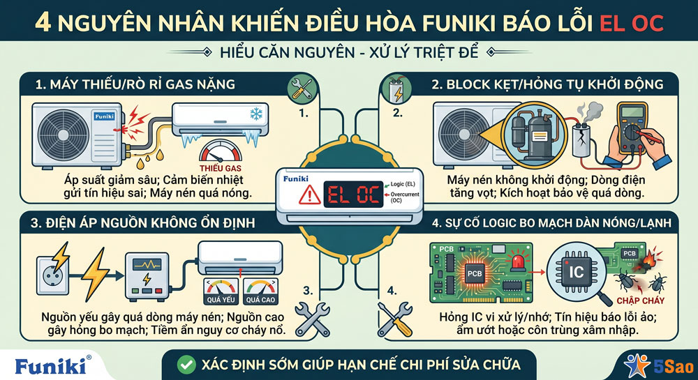4 Nguyên nhân khiến điều hòa Funiki báo lỗi EL OC