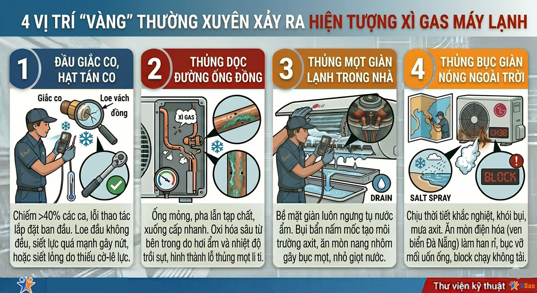 4 Vị trí "vàng" thường xuyên xảy ra hiện tượng xì gas máy lạnh