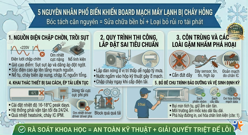 5 Nguyên nhân phổ biến khiến board mạch máy lạnh bị cháy hỏng
