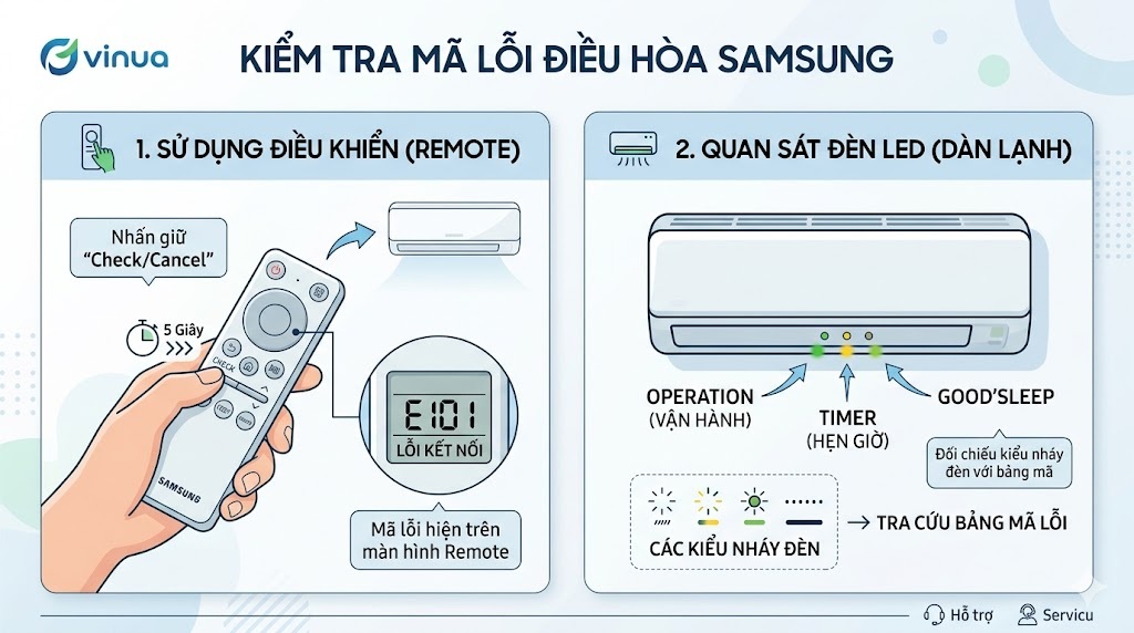 Cách kiểm tra mã lỗi điều hòa Samsung bằng Remote và đèn tín hiệu