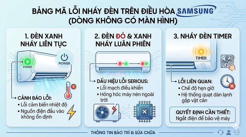 Bảng mã lỗi nháy đèn trên điều hòa Samsung (Dòng không có màn hình)