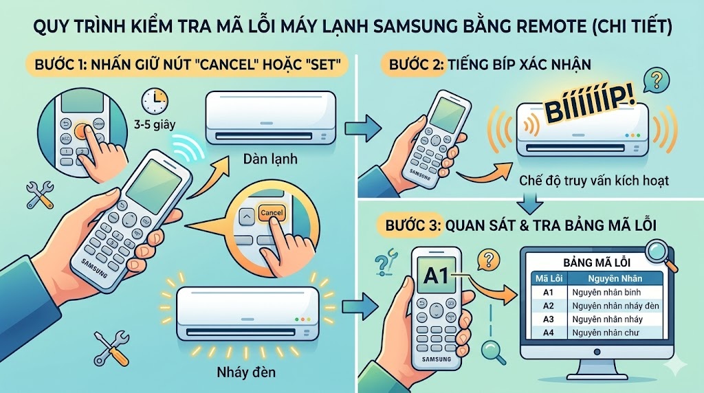 Cách test lỗi máy lạnh Samsung bằng Remote (Chi tiết)