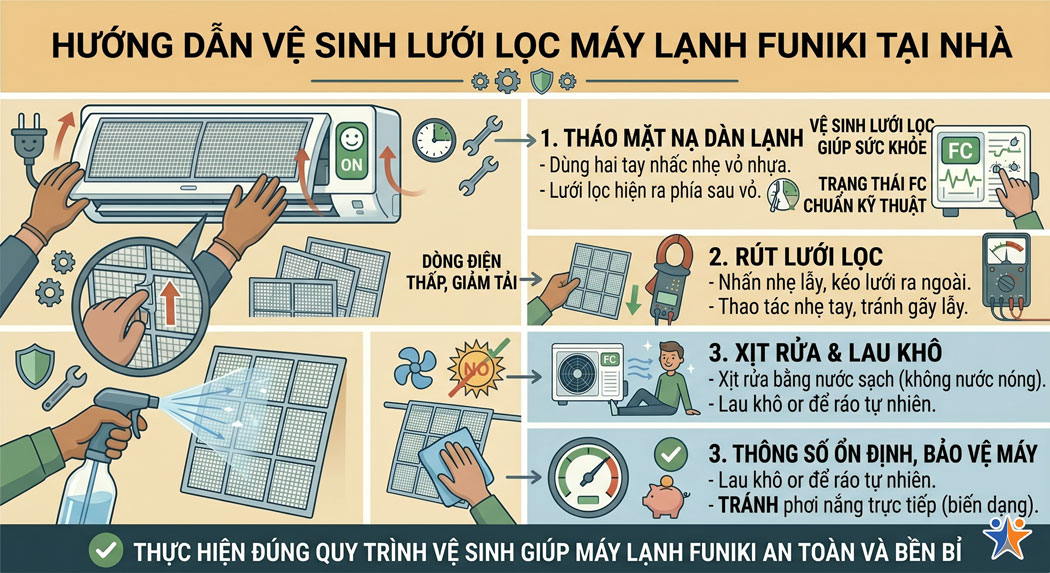 Hướng dẫn vệ sinh lưới lọc điều hòa Funiki tại nhà đúng cách