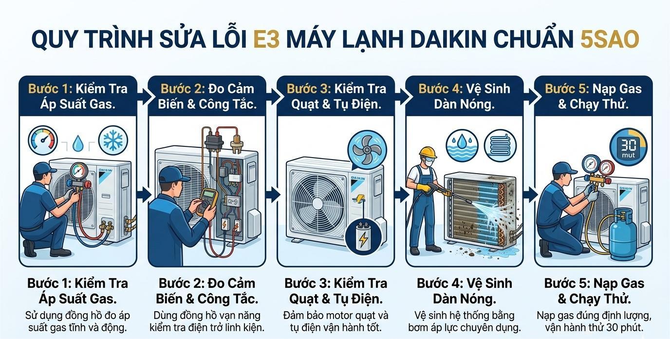 Quy trình kiểm tra và khắc phục lỗi E3 máy lạnh daikin chuẩn 5Sao