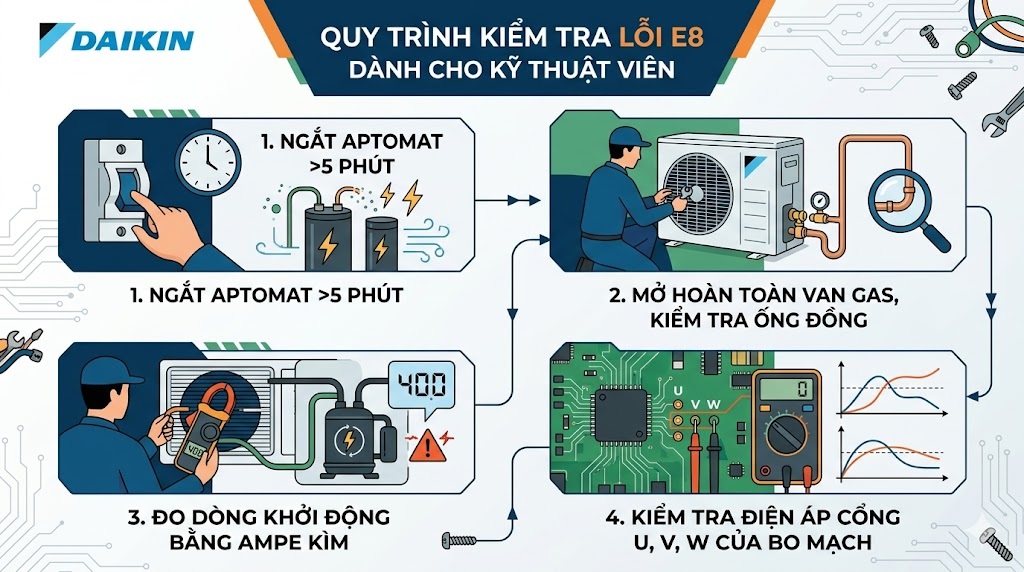Quy trình kiểm tra và sửa lỗi E8 tại nhà (Cho người am hiểu kỹ thuật)