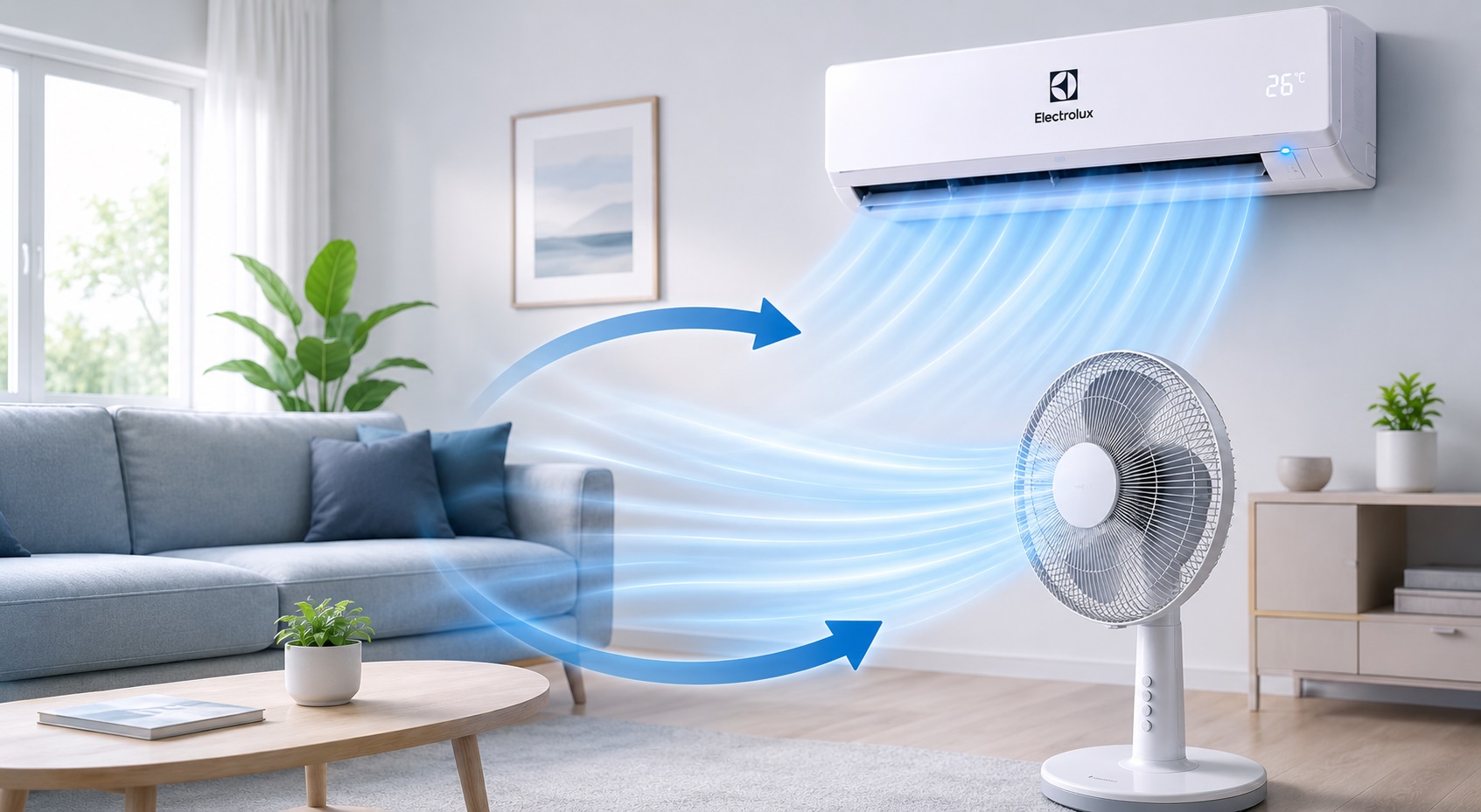 Kết hợp sử dụng máy lạnh cùng với quạt gió