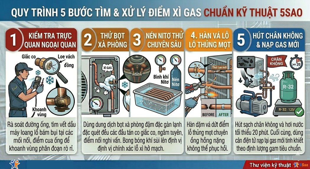 Quy trình 5 bước tìm và xử lý điểm xì gas triệt để từ thợ 5Sao