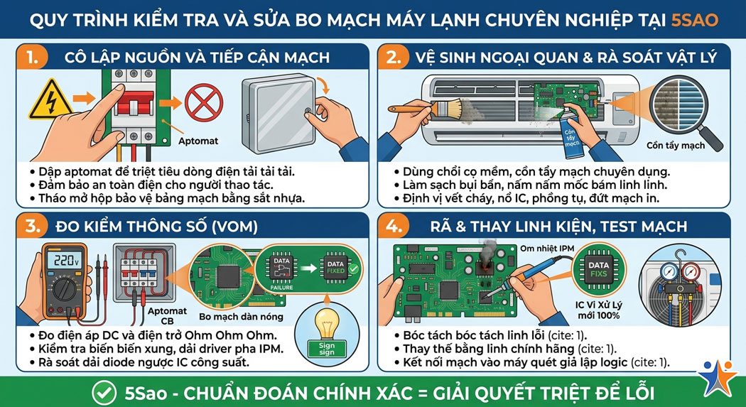 Quy trình kiểm tra và sửa bo mạch máy lạnh chuyên nghiệp tại 5Sao