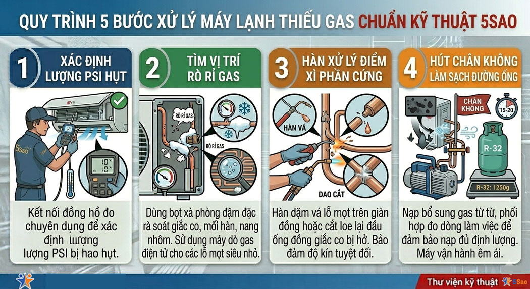 Quy trình xử lý máy lạnh thiếu gas triệt để từ thợ 5Sao