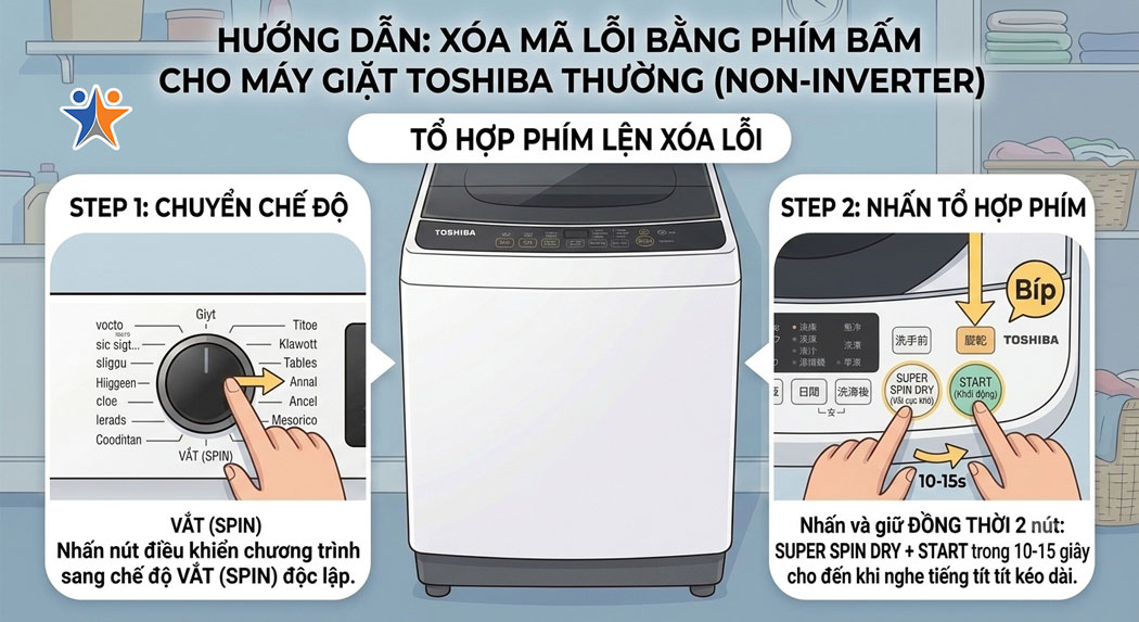 Cách 3: Cách xóa mã lỗi bằng phím bấm cho máy giặt Toshiba thường (Non-Inverter)