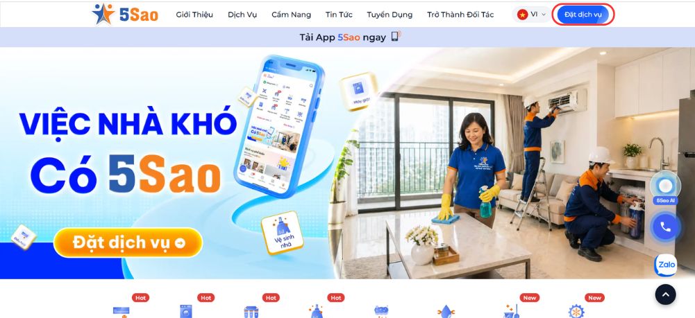 Bước 2: Tại giao diện trang chủ, người dùng nhấn vào “ Đặt dịch vụ”