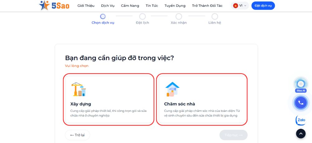 Bước 4: Chọn việc bạn cần giúp đỡ: Chăm sóc nhà hay xây dựng