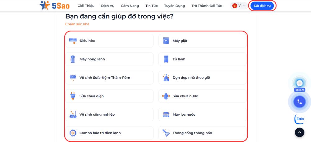 Bước 5: Chọn loại thiết bị cần hỗ trợ  hay chọn dịch vụ có nhu cầu