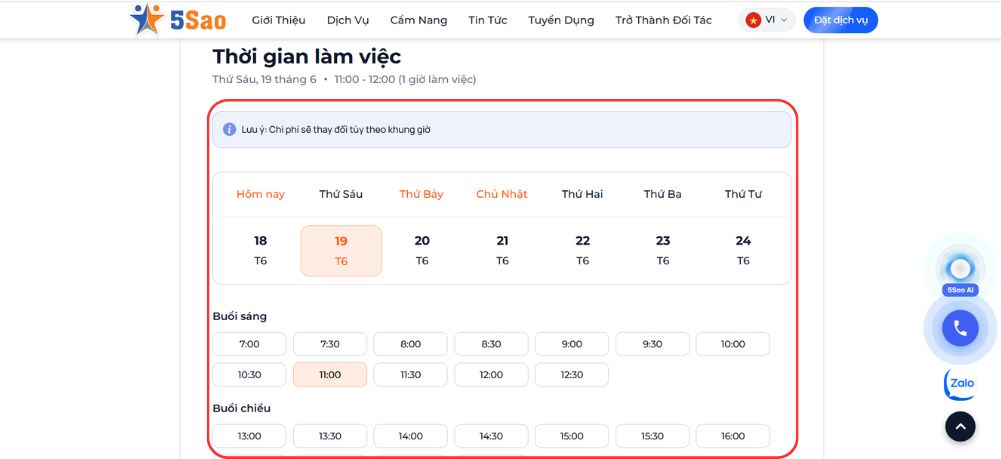 Bước 7: Chọn ngày và khung giờ phù hợp