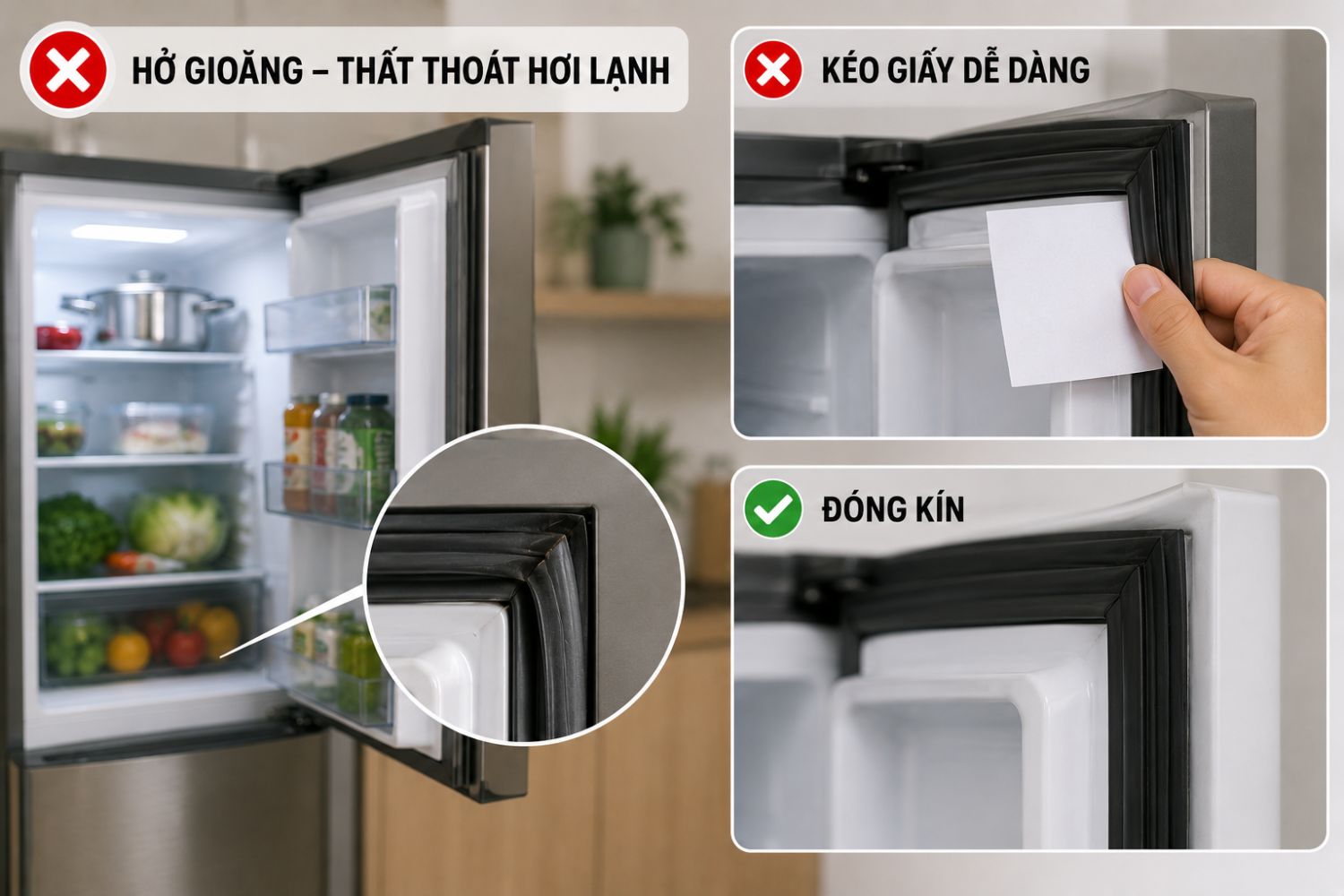 Tủ lạnh kém lạnh do hở gioăng cửa. 