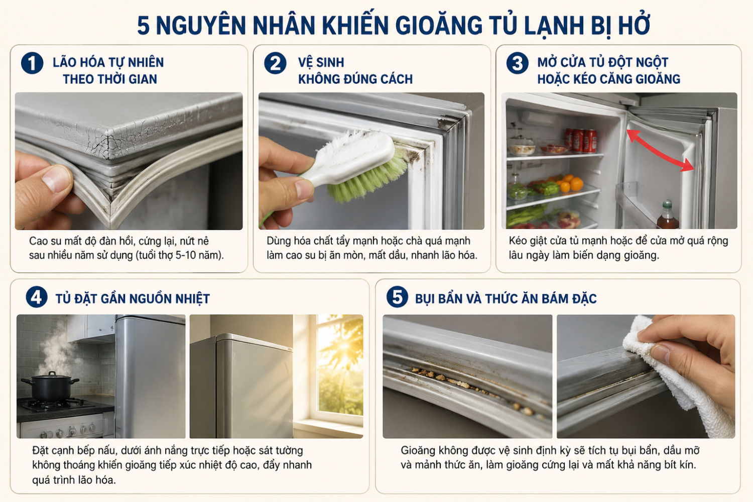 nguyên nhân gioăng tủ lạnh bị hở như lão hóa bụi bẩn và nhiệt độ