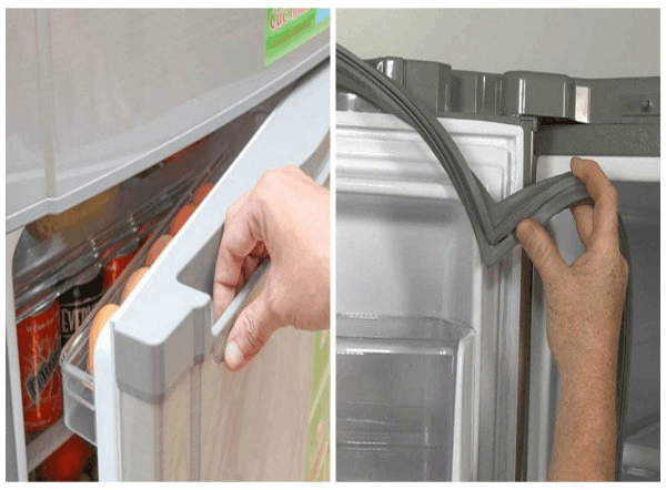 Cận cảnh người dùng đang kiểm tra và thay thế gioăng cao su trên cửa tủ lạnh