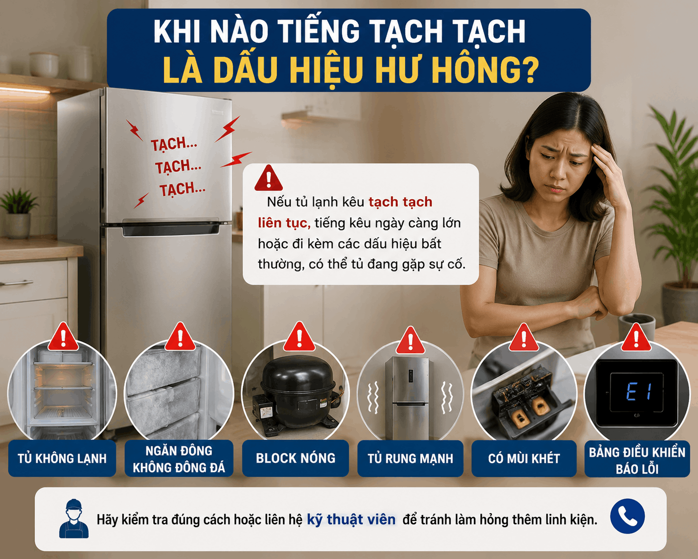 Tủ lạnh kêu tạch tạch liên tục kèm dấu hiệu không lạnh, block nóng và báo lỗi