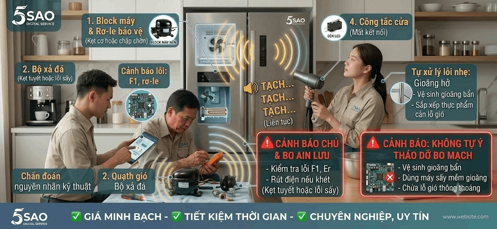 Tủ lạnh kêu tạch tạch liên tục do block máy nén, quạt gió, bộ xả đá hoặc công tắc cửa gặp sự cố