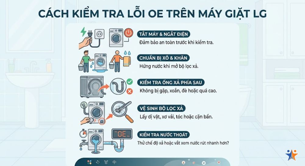 Cách kiểm tra ban đầu khi máy giặt LG xuất hiện lỗi OE
