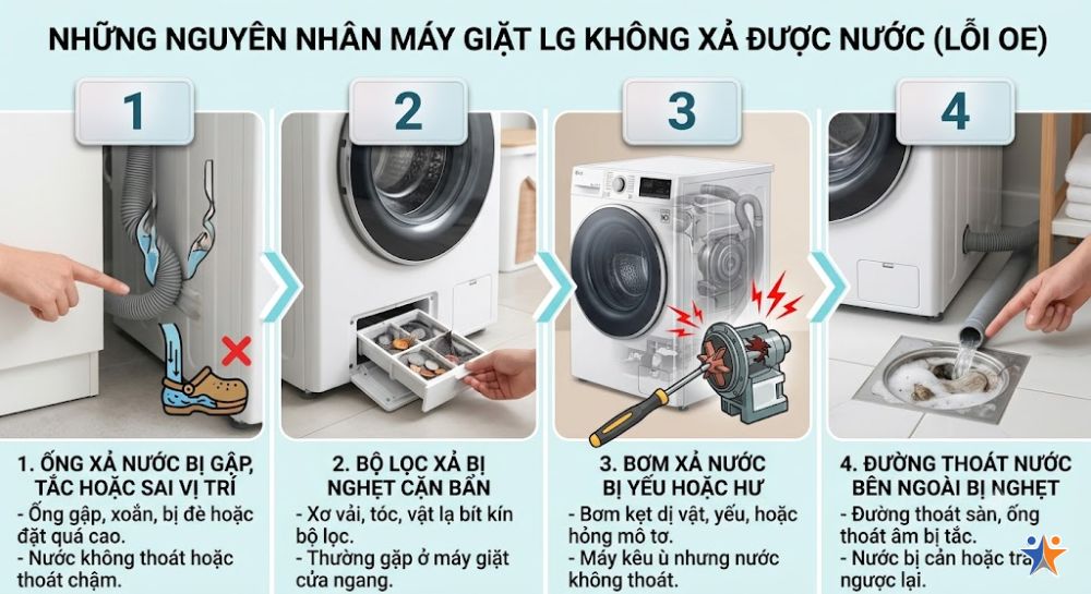 Những nguyên nhân khiến máy giặt LG không xả được nước