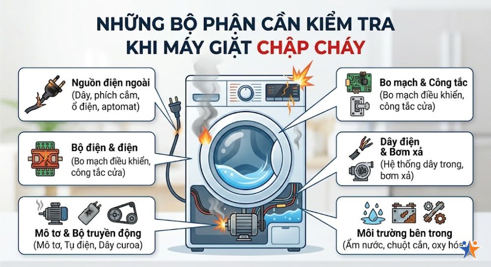 Những bộ phận cần kiểm tra khi máy giặt bị chập cháy