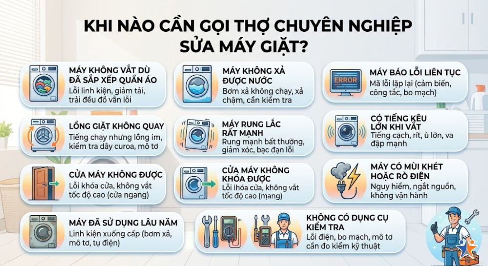 Khi nào cần gọi thợ chuyên nghiệp sửa máy giặt?
