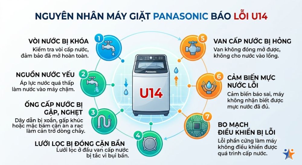 Nguyên nhân máy giặt Panasonic báo lỗi U14?