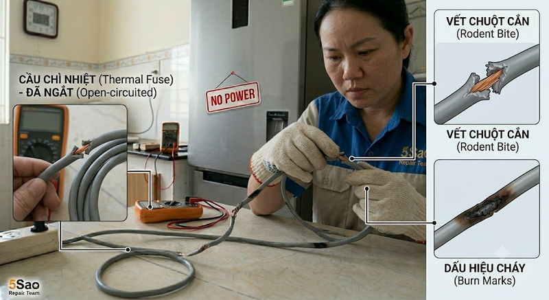 kiểm tra dây nguồn tủ lạnh bị hỏng
