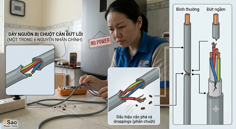 dây nguồn tủ lạnh bị chuột cắn hỏng
