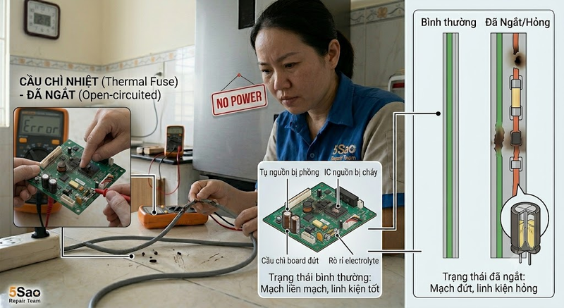 bo mạch nguồn tủ lạnh bị cháy tụ điện

