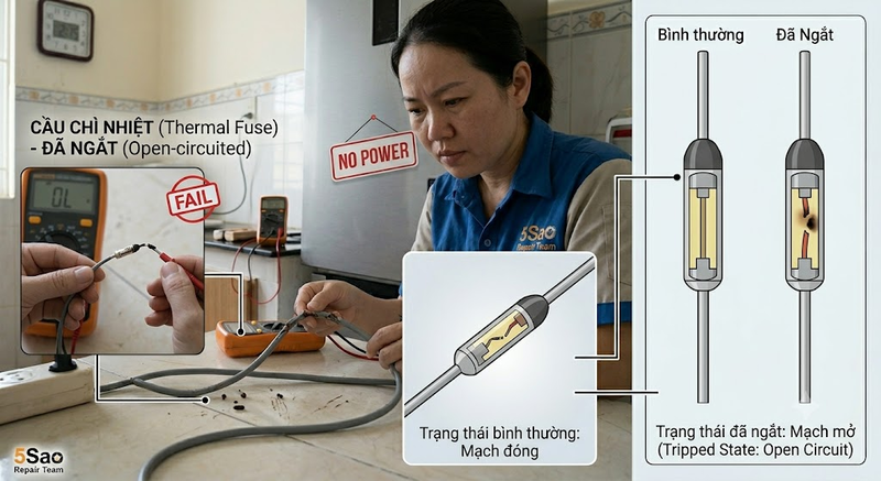 cầu chì nhiệt tủ lạnh bị ngắt mạch
