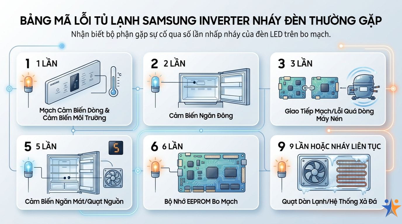 tủ lạnh samsung inverter báo lỗi nháy đèn