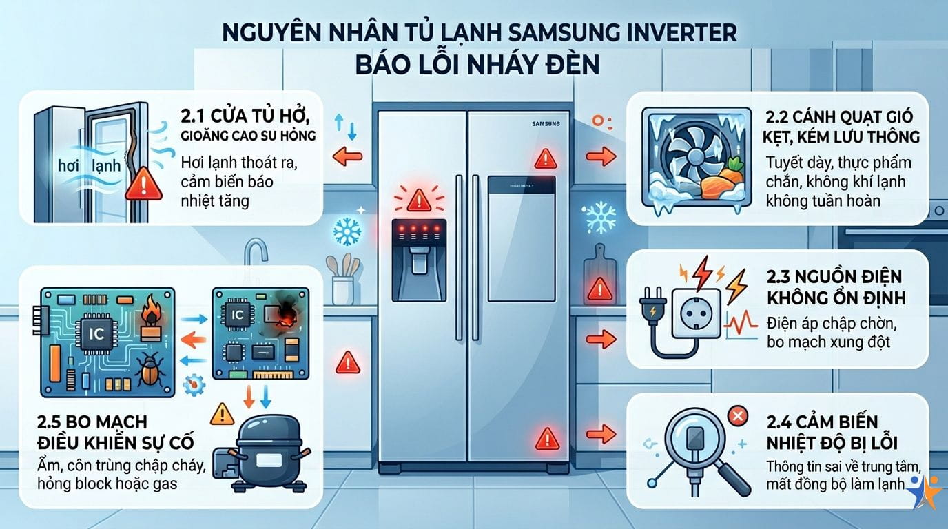 tủ lạnh samsung inverter báo lỗi nháy đèn