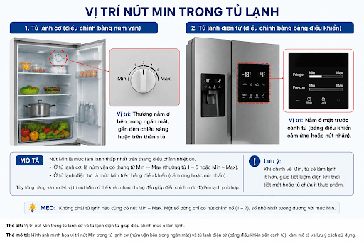 Vị trí nút Min trong tủ lạnh dùng để điều chỉnh nhiệt độ làm lạnh.
