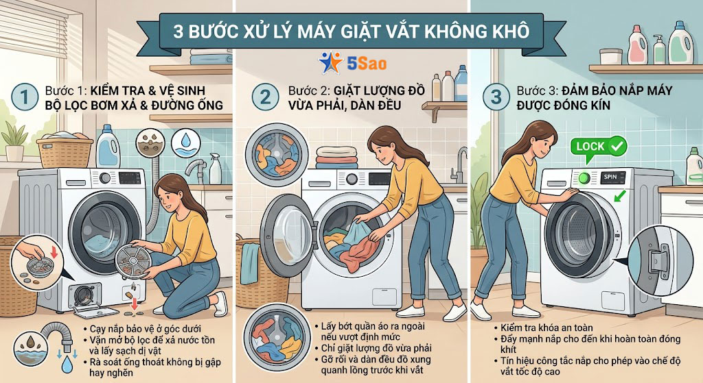 Mẹo xử lý máy giặt vắt không khô trong 3 bước đơn giản
