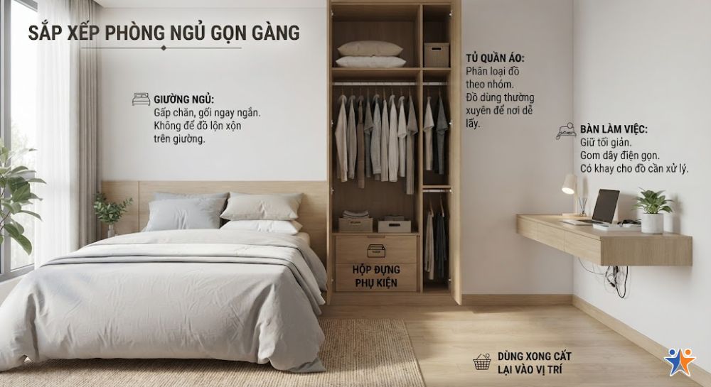 Cách sắp xếp giường, tủ quần áo và bàn làm việc để phòng ngủ ngăn nắp