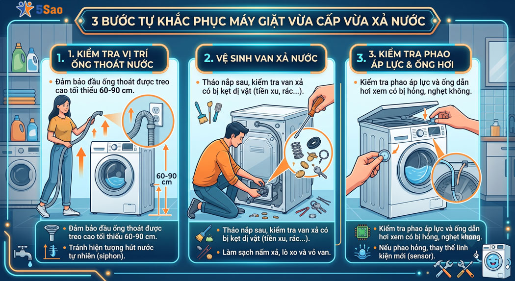 Hướng dẫn 3 bước tự khắc phục lỗi máy giặt vừa cấp vừa xả nước ngay tại nhà. 