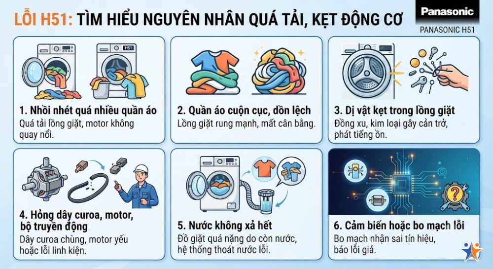 Vì sao máy giặt Panasonic báo lỗi quá tải hoặc kẹt động cơ?