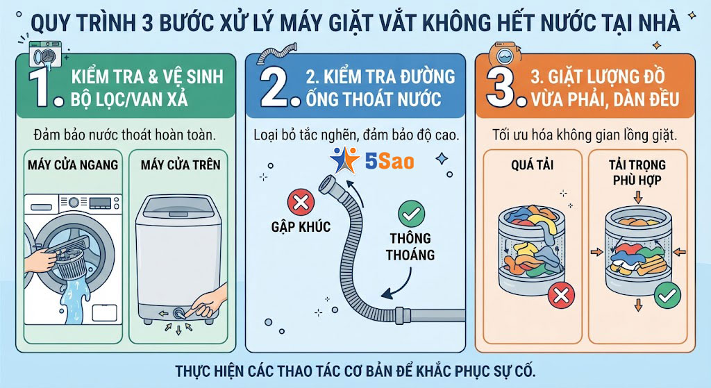 Quy trình 3 bước tự kiểm tra máy giặt vắt không hết nước và xử lý tại nhà